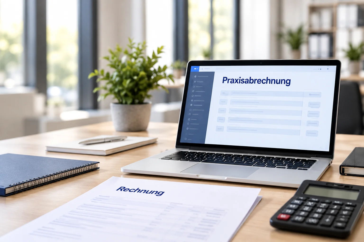 Laptop mit Praxisabrechnung, Rechnungsunterlagen und Taschenrechner auf einem Schreibtisch
