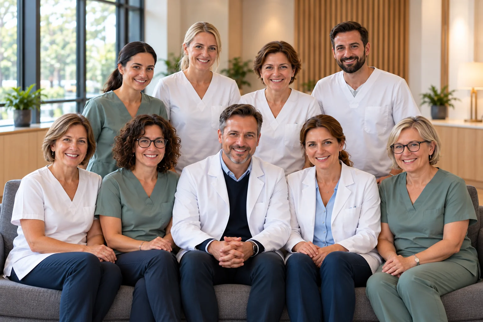 Arzt und Ärztin mit einem Praxisteam in weißen und grünen Oberteilen