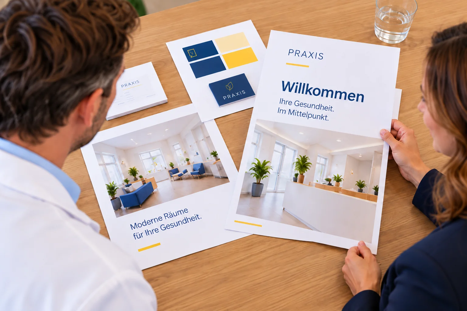 Arzt und Marketingberaterin betrachten Entwürfe für Praxisbroschüren und den visuellen Praxisauftritt