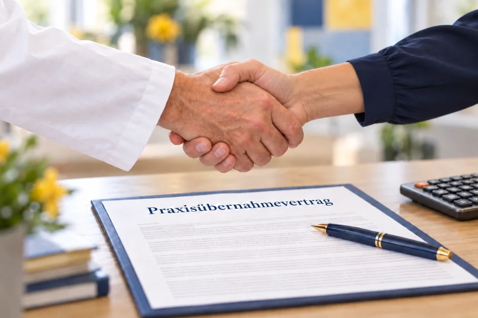 Handschlag über einem Praxisübernahmevertrag